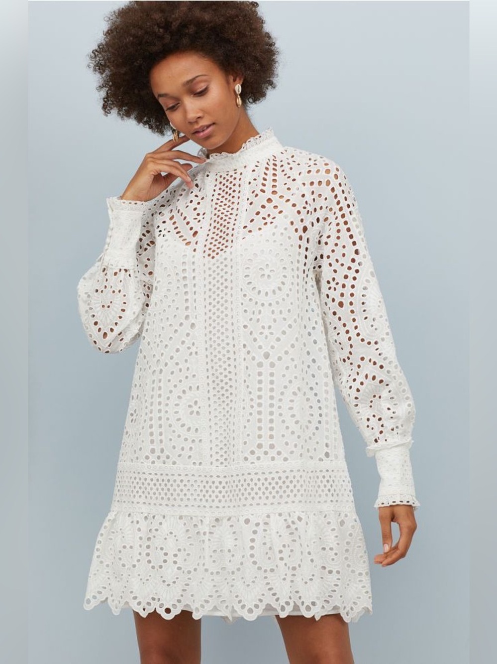White Eyelet Lace Long Sleeve Mini Dress XS